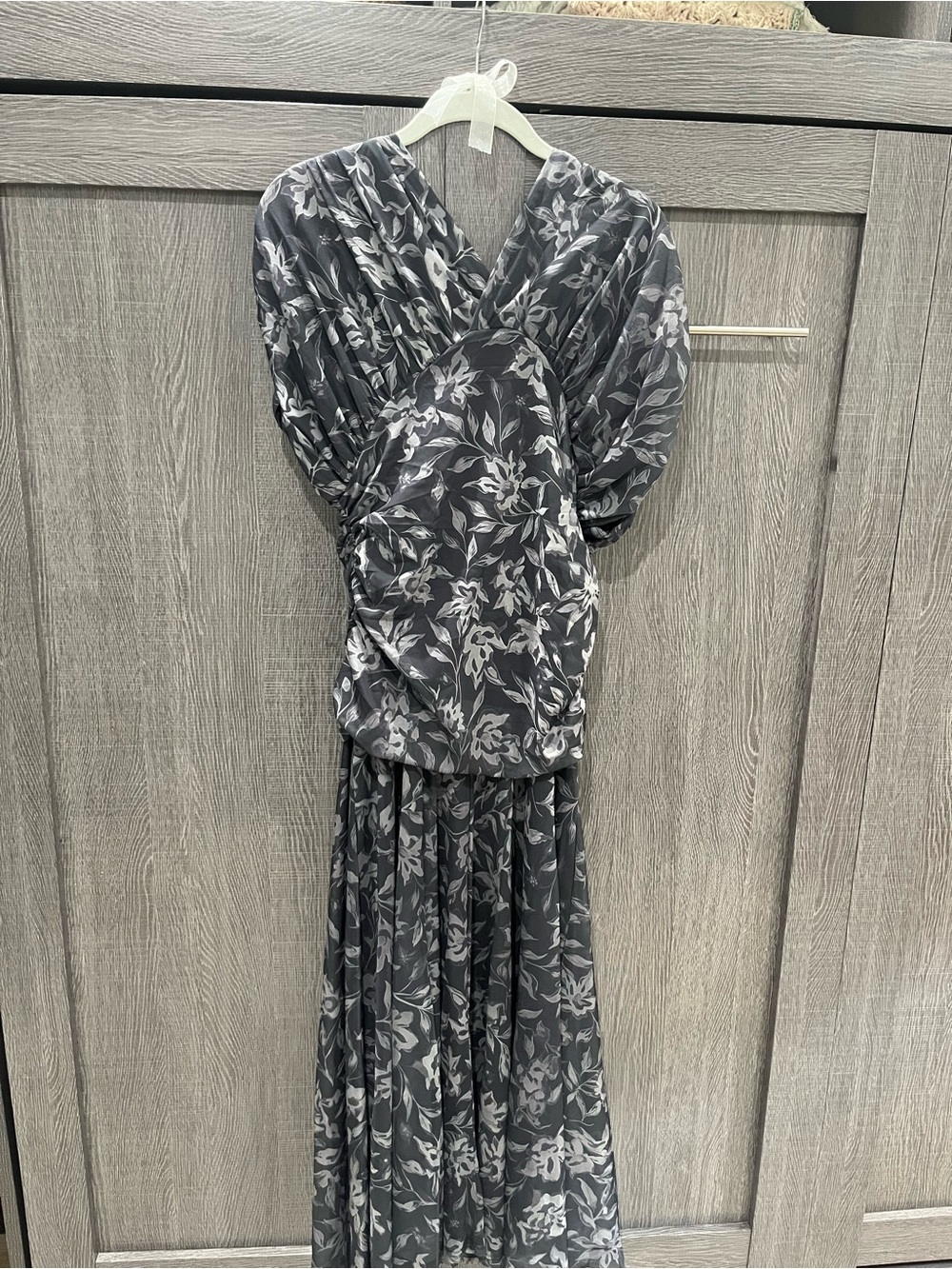 Elegant Black & Gray Floral Wrap Maxi Dress
